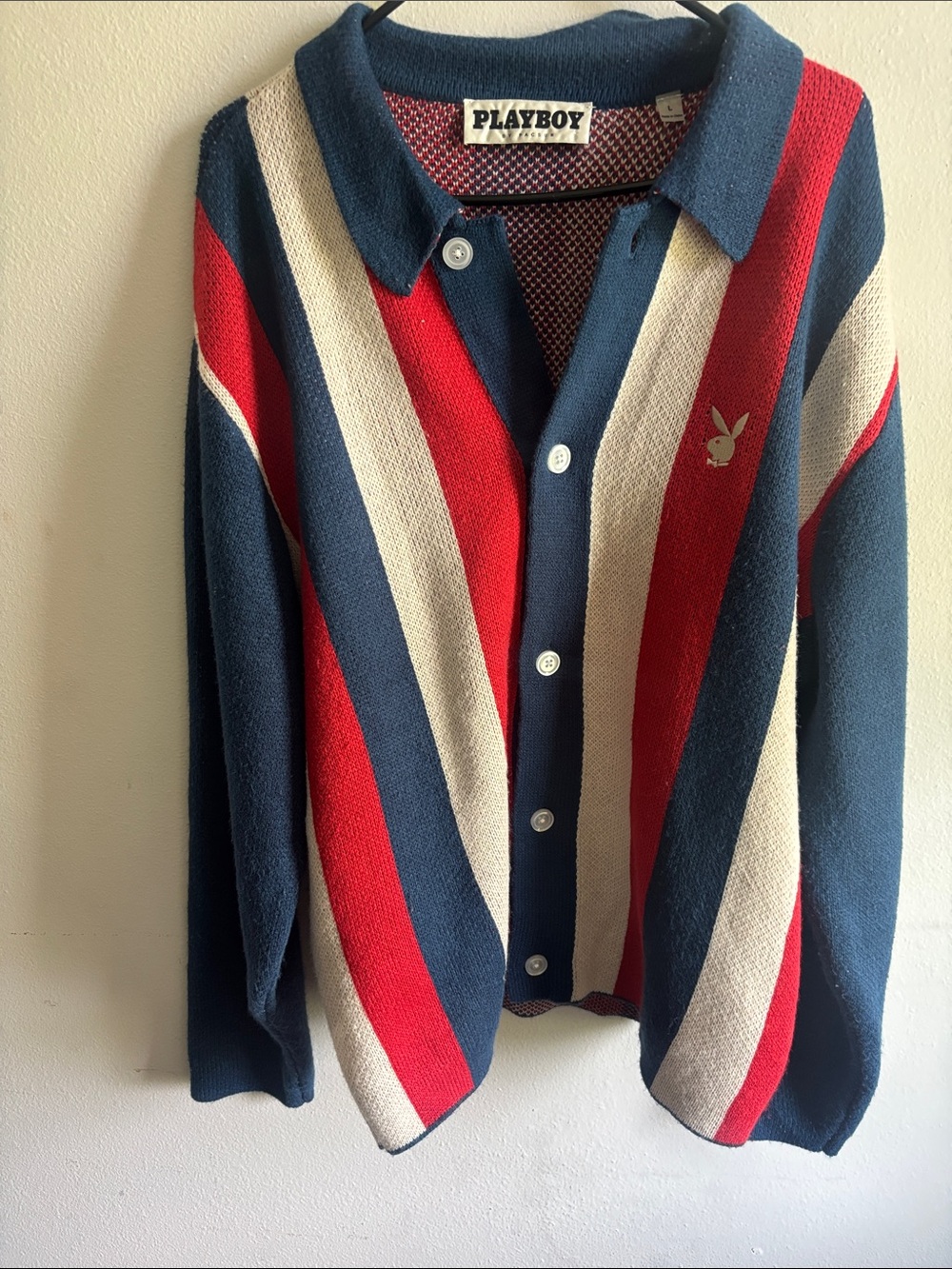 PLAYBOY Striped Lightweight Knit Shirt Jacket in Navy, Red & Cream